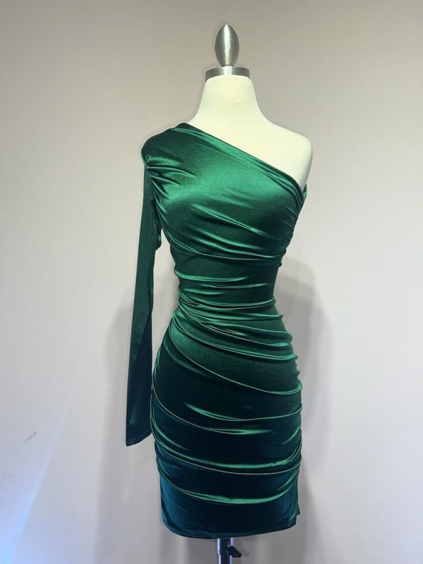 One Shoulder Satin Dress-0