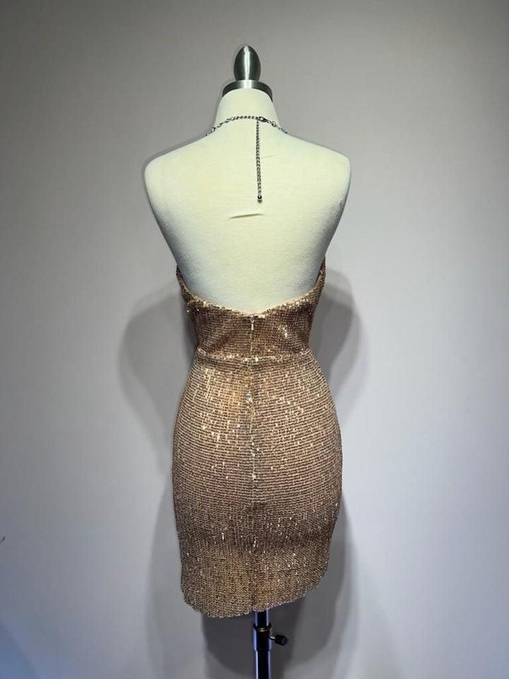 Embroidered Sequin Cowl Neck Halter Open Back Short Cocktail Dress CDB2316-1
