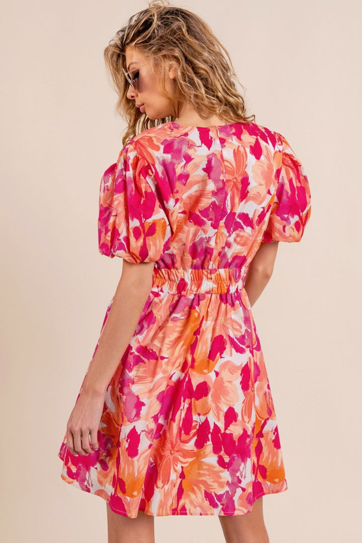BiBi Floral V-Neck Puff Sleeve Mini Dress-3