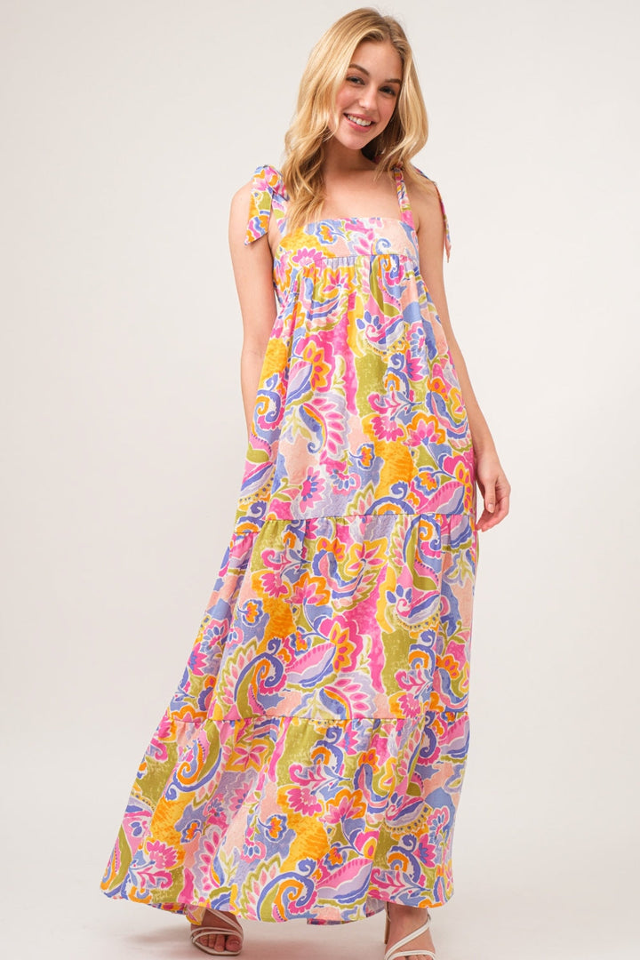 And The Why Full Size Printed Tie Shoulder Tiered Maxi Dress-3