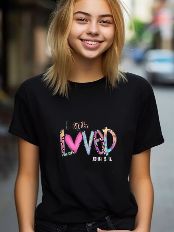 I AM LOVED Print Hip Hop Style T-shirt, Casual Crew Neck Tops, Graphic Tee Shirts, Clothes For Girls Summer Gift