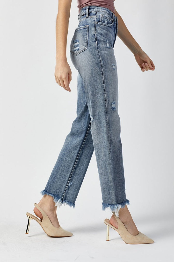 RISEN High Waist Raw Hem Straight Jeans-2