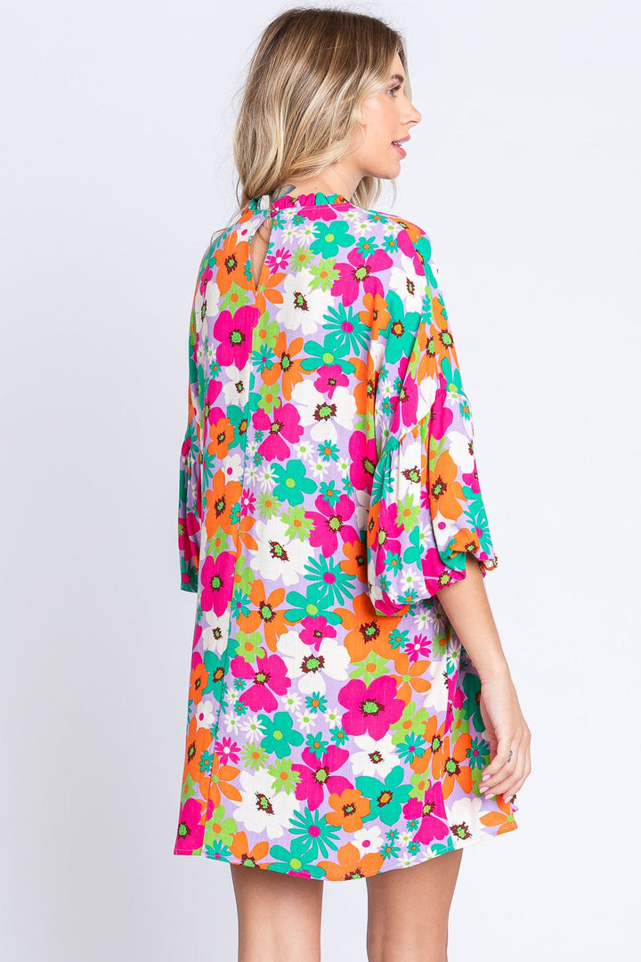 GeeGee Full Size Floral Round Neck Lantern Sleeve Mini Dress-1