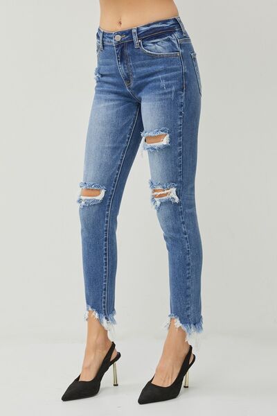 RISEN Distressed Frayed Hem Slim Jeans-2