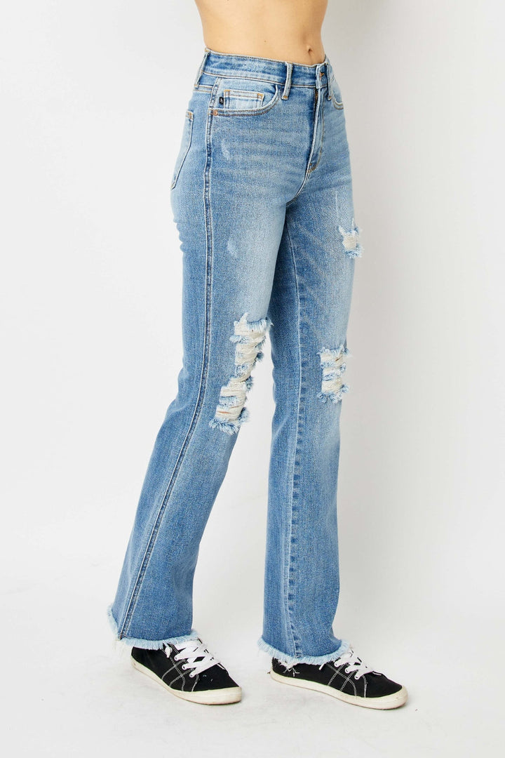 Judy Blue Full Size Distressed Raw Hem Bootcut Jeans-3