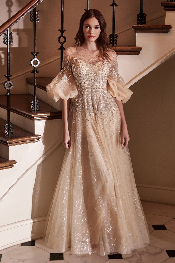 Champagne Sweetheart Ball & Prom Gown Short Puff Sleeves Sequin Evening Dresses Luxury Sparkling Style CDB703-1