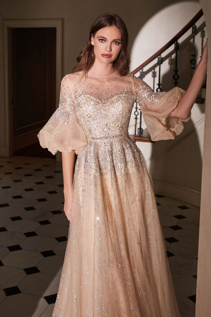 Champagne Sweetheart Ball & Prom Gown Short Puff Sleeves Sequin Evening Dresses Luxury Sparkling Style CDB703-2