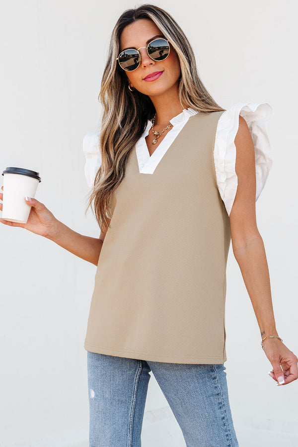 Serena Contrast V Neck Ruffled Textured Knit Top-0