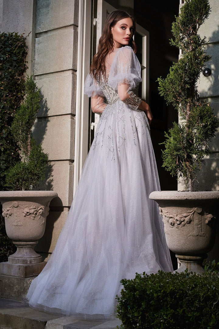 Puff Sleeve Embellished Corset Covered Shoulders Tulle Skirt A-line Long Ball & Prom Dress CDB707-1