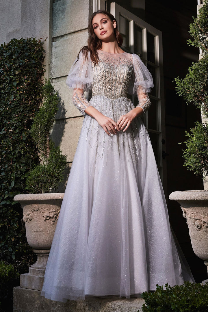 Puff Sleeve Embellished Corset Covered Shoulders Tulle Skirt A-line Long Ball & Prom Dress CDB707-0