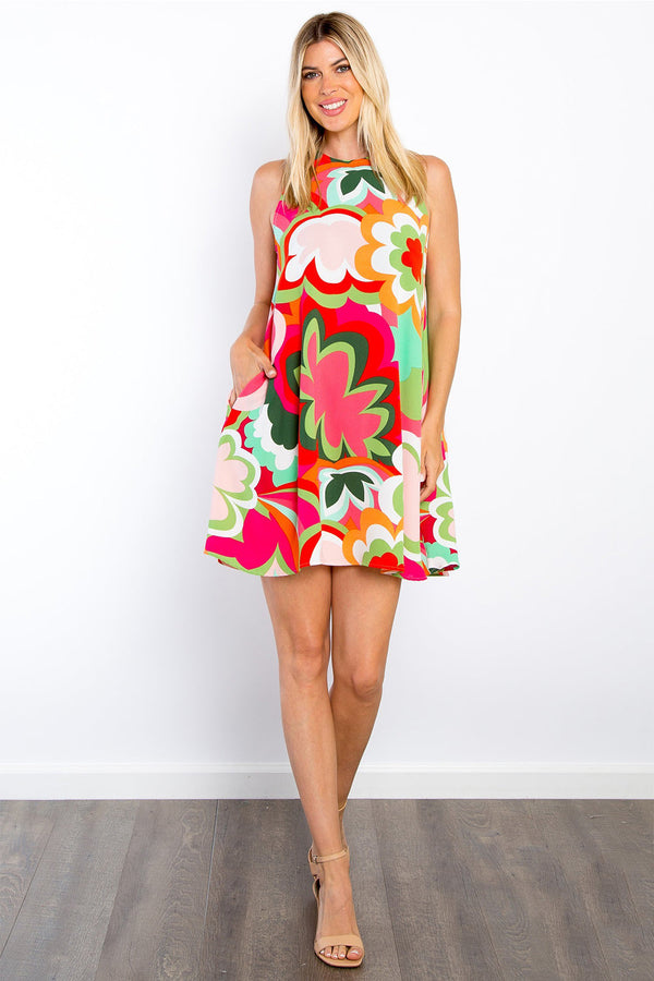 Be Stage Full Size Floral Sleeveless Mini Dress with Pockets-0