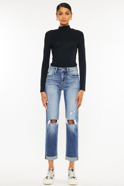 Kancan High Waist Distressed Hem Detail Cropped Straight Jeans-4