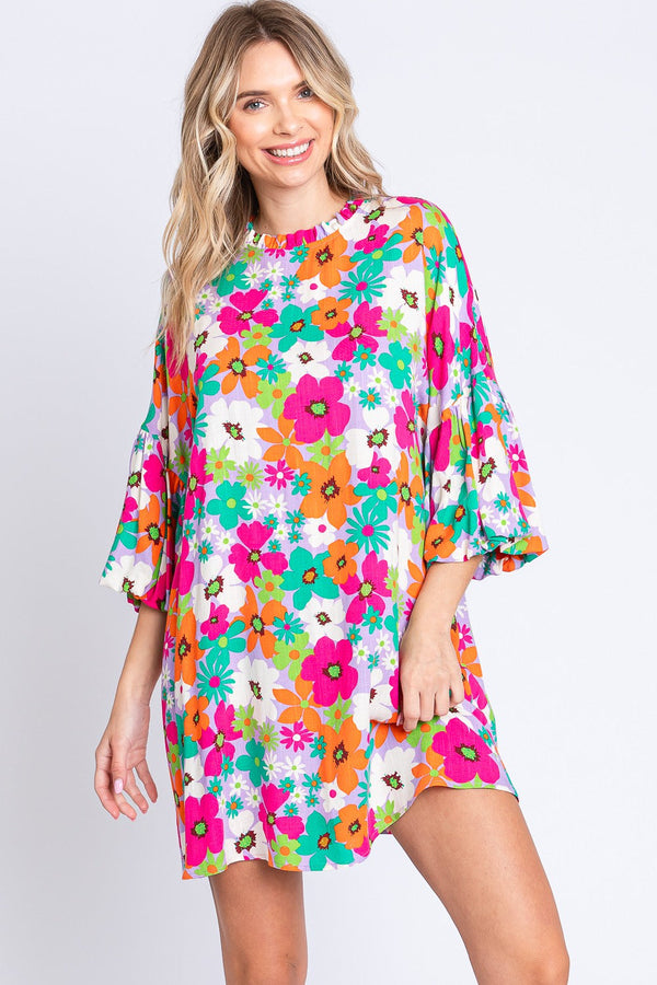 GeeGee Full Size Floral Round Neck Lantern Sleeve Mini Dress-0