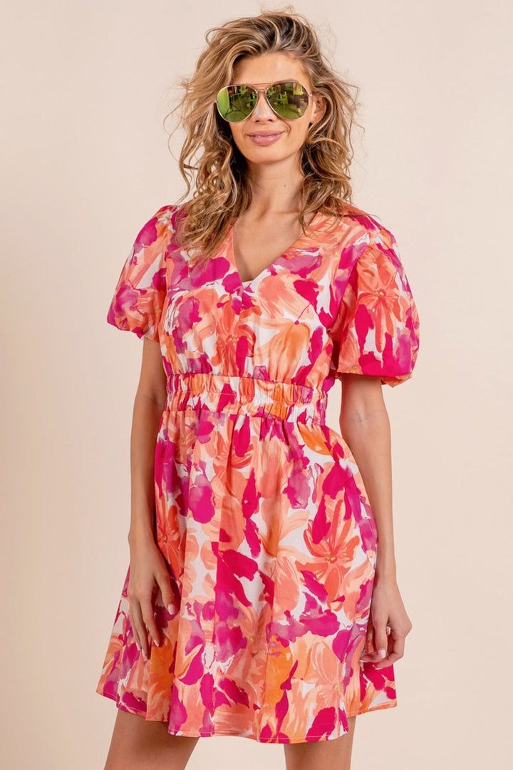 BiBi Floral V-Neck Puff Sleeve Mini Dress-1