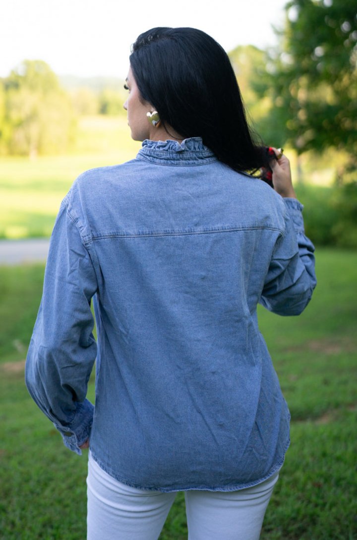 Allyson Ruffled Long Sleeve Buttoned Denim Shirt-1