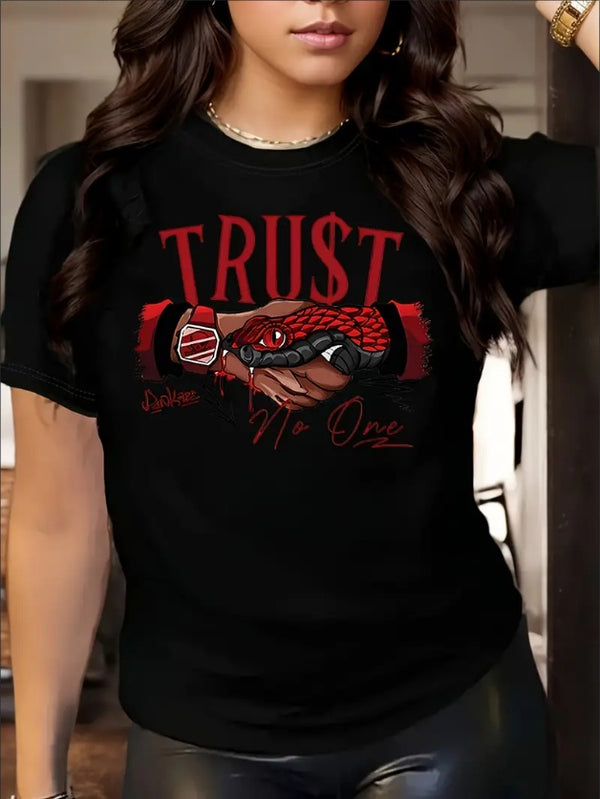Snake Trust No One Printed T-shirt, Dunkare Women's Casual Crew Neck T-shirt, Knitted, Simple And Stylish, Comfortable And Versatile, Ideal Gift