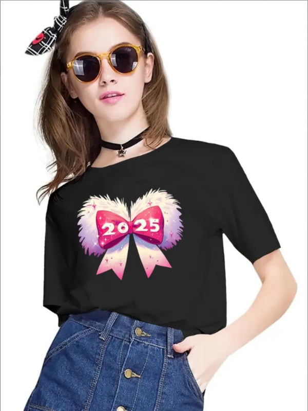 Cartoon Print Knit Top With Fuzzy Bow And 2025 Graphic, Crew Neck, Regular Fit Sports Tee For Casual Summer Wear