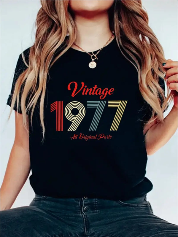 Vintage 1977 Graphic Print Solid T-Shirt, Crew Neck Short Sleeve Casual Top For Summer & Spring, Women's Clothing
