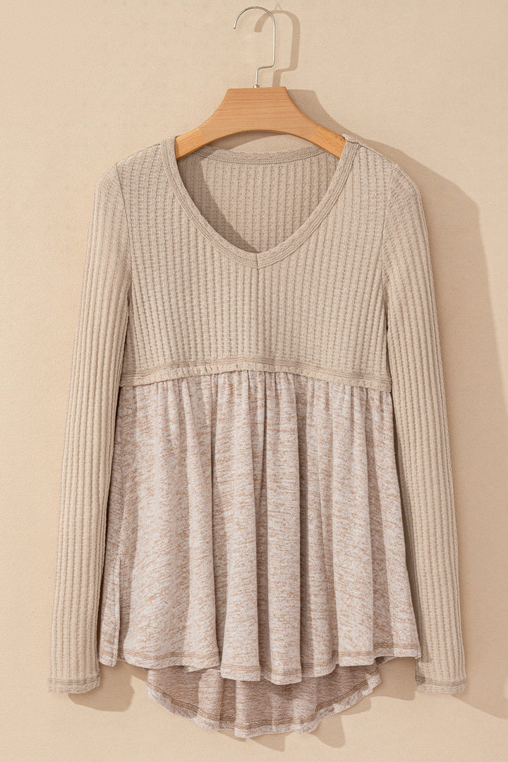 Alexandra Textured Long Sleeve V Neck Babydoll Top-4