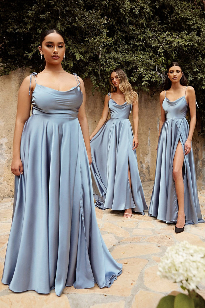Satin A-Line Cowl Neck Spaghetti Strap Bodice High Leg Slit Long Prom & Bridesmaid Dress CDBD104-4