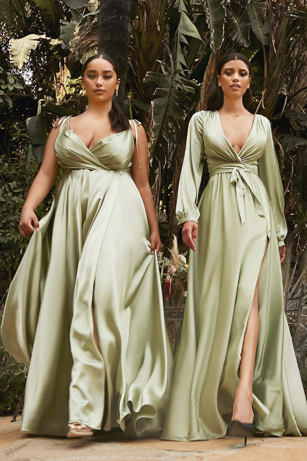 Satin V-Neckline Fitted on a waist A-Line Skirt Leg Slit Long Evening Dress CD7475-5