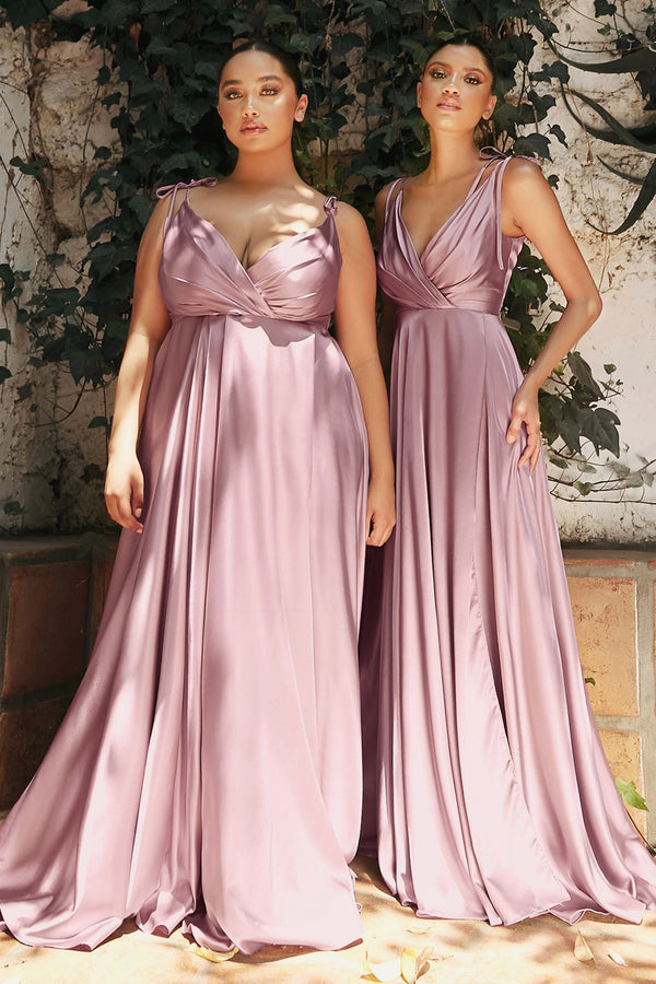 Flowy Satin A-Line Skirt High Leg Slit Fitted on Waist Bodice Tied Straps Long Bridesmaid Dress CDBD105-5