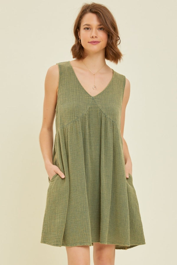 HEYSON Full Size Texture V-Neck Sleeveless Flare Mini Dress-0