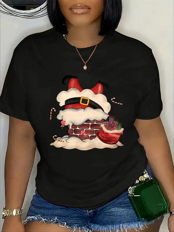 Women's Christmas Cartoon Print Round Neck Short Sleeve Loose Fit Sports T-Shirt,  Machine Washable, Christmas Pattern, Fashion