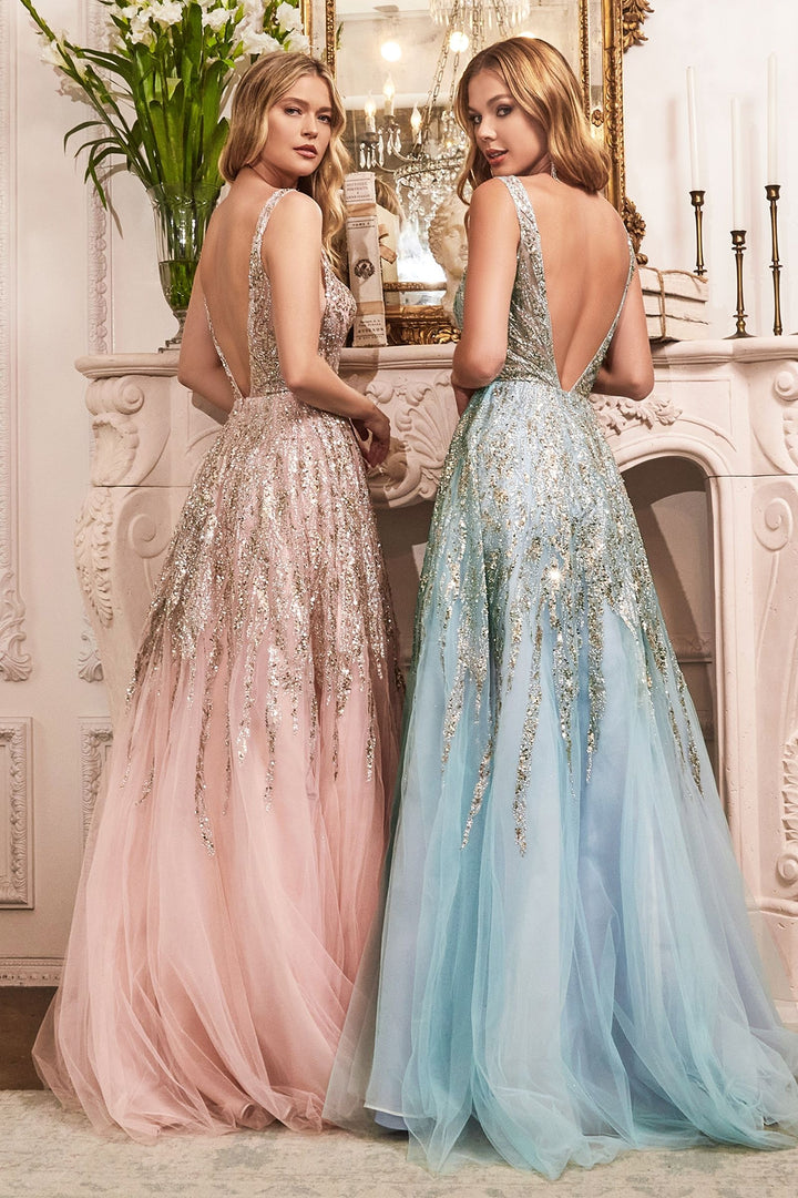 Beaded V-Neckline Beaded Sequin Bodice Layered Tulle A-Line Skirt Long Prom Dress CDC135-1
