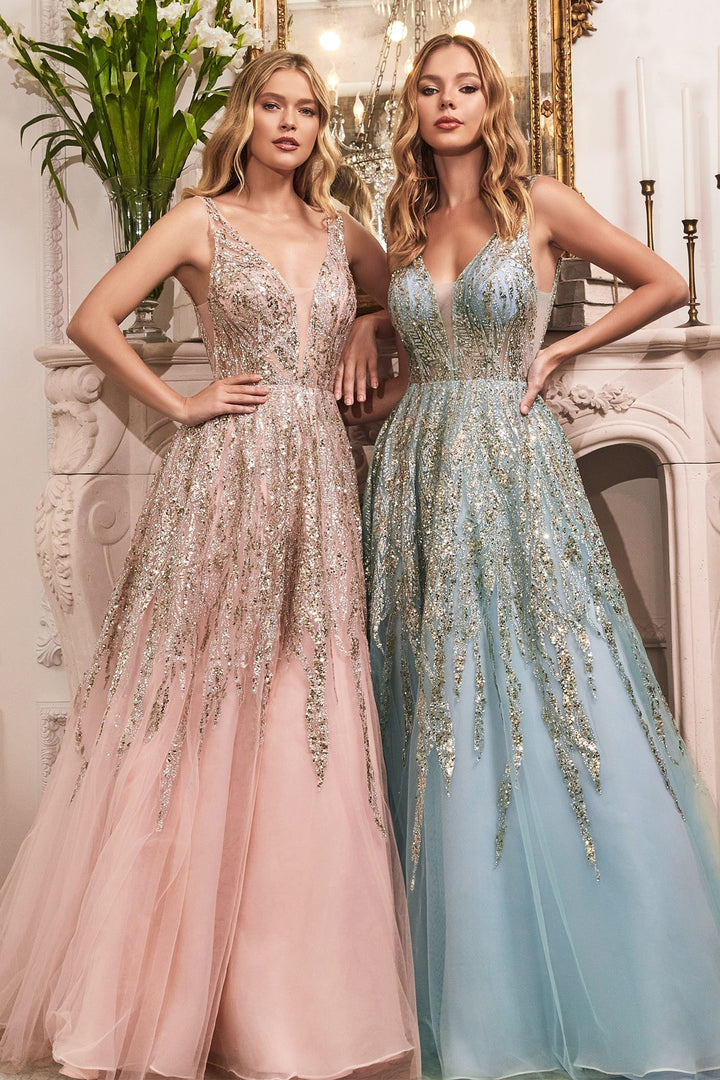 Beaded V-Neckline Beaded Sequin Bodice Layered Tulle A-Line Skirt Long Prom Dress CDC135-2