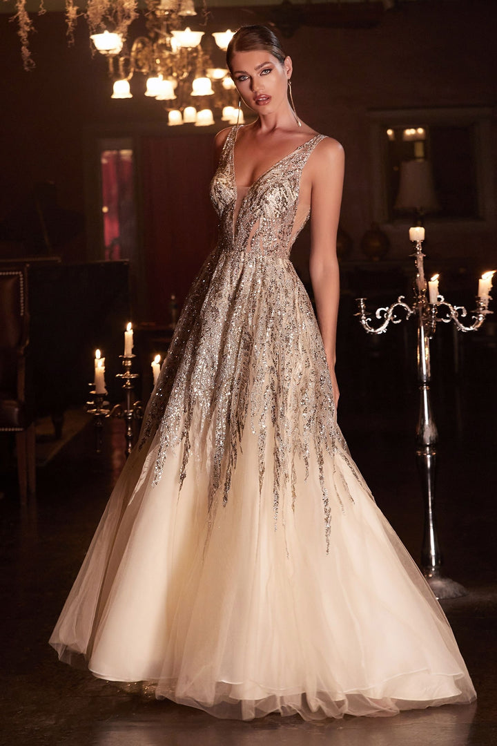 Beaded V-Neckline Beaded Sequin Bodice Layered Tulle A-Line Skirt Long Prom Dress CDC135-0
