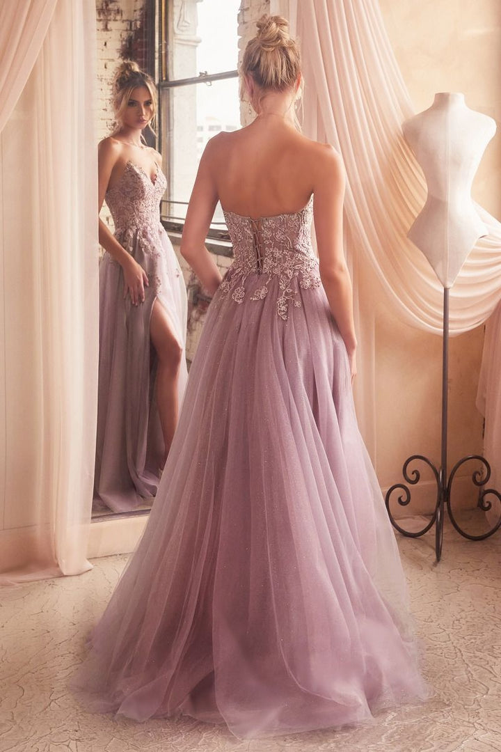 Strapless A-Line Lace & Tulle Skirt Side Slit Long Prom Dress CDC148-2