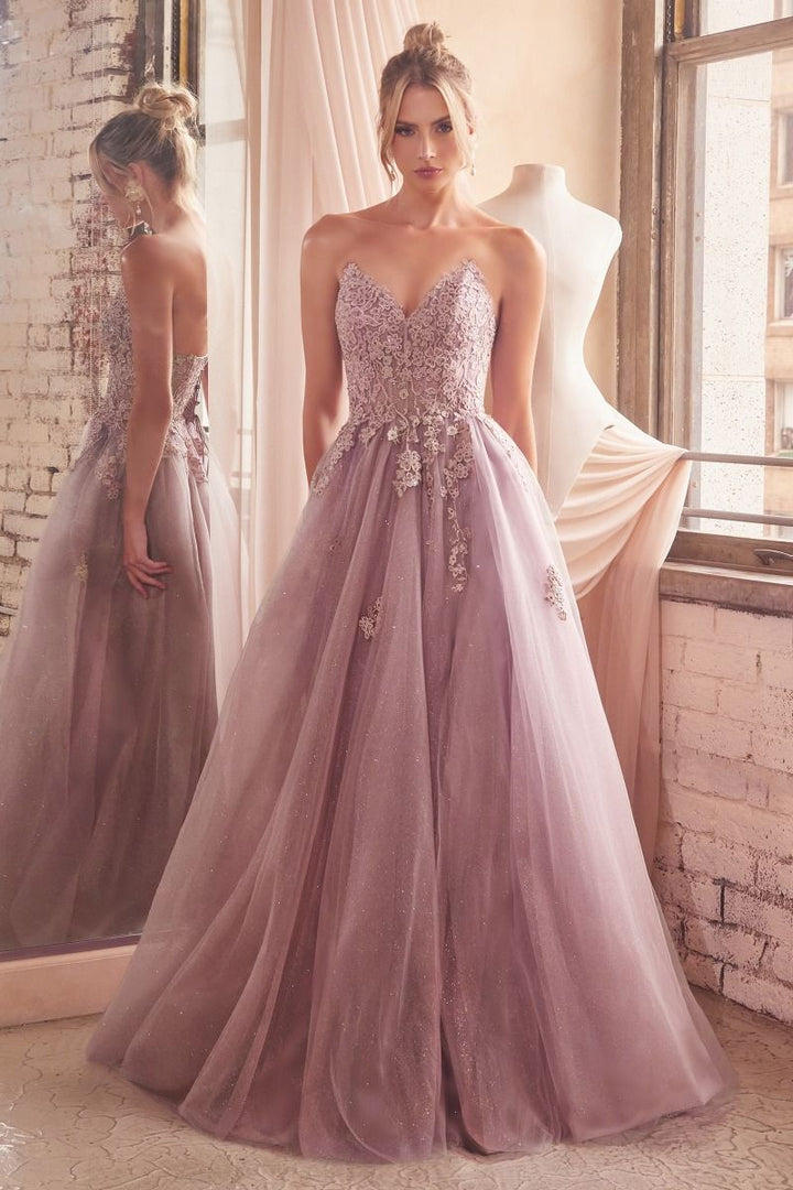 Strapless A-Line Lace & Tulle Skirt Side Slit Long Prom Dress CDC148-1