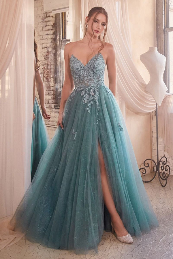 Strapless A-Line Lace & Tulle Skirt Side Slit Long Prom Dress CDC148-0