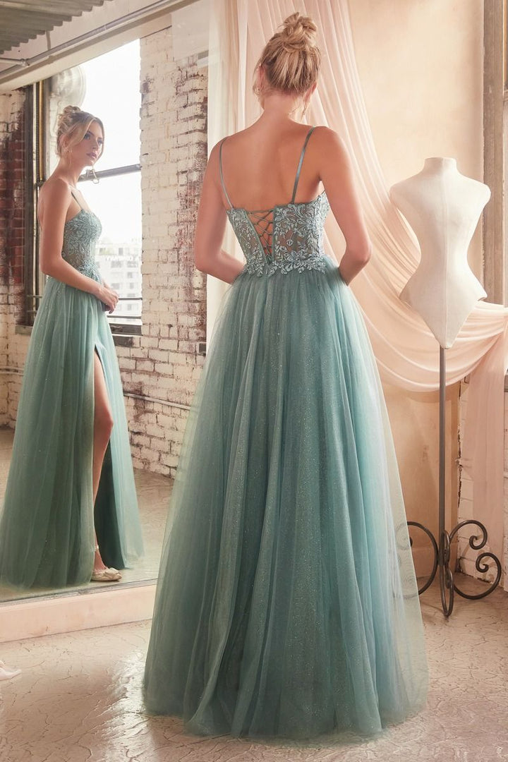 Lace & Layered Tulle A-Line Side Slit Open Back Sweetheart Long Prom Dress CDC150-3