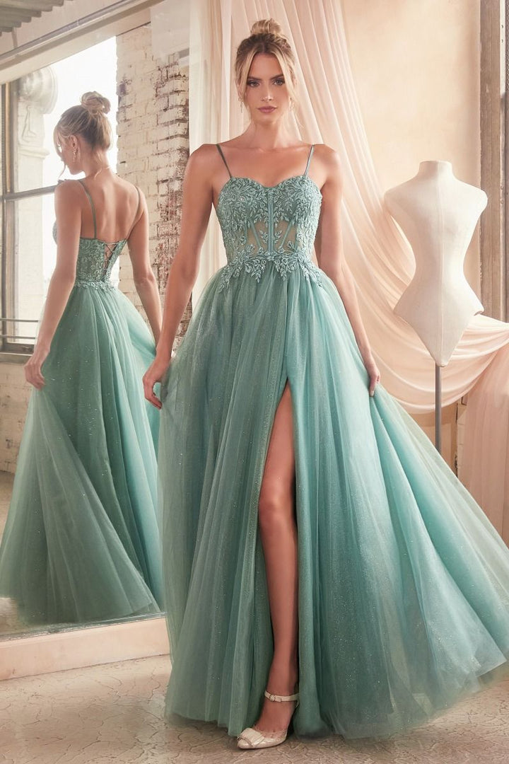 Lace & Layered Tulle A-Line Side Slit Open Back Sweetheart Long Prom Dress CDC150-2
