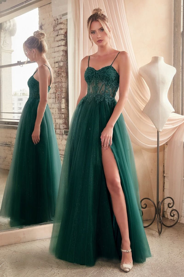 Lace & Layered Tulle A-Line Side Slit Open Back Sweetheart Long Prom Dress CDC150-5