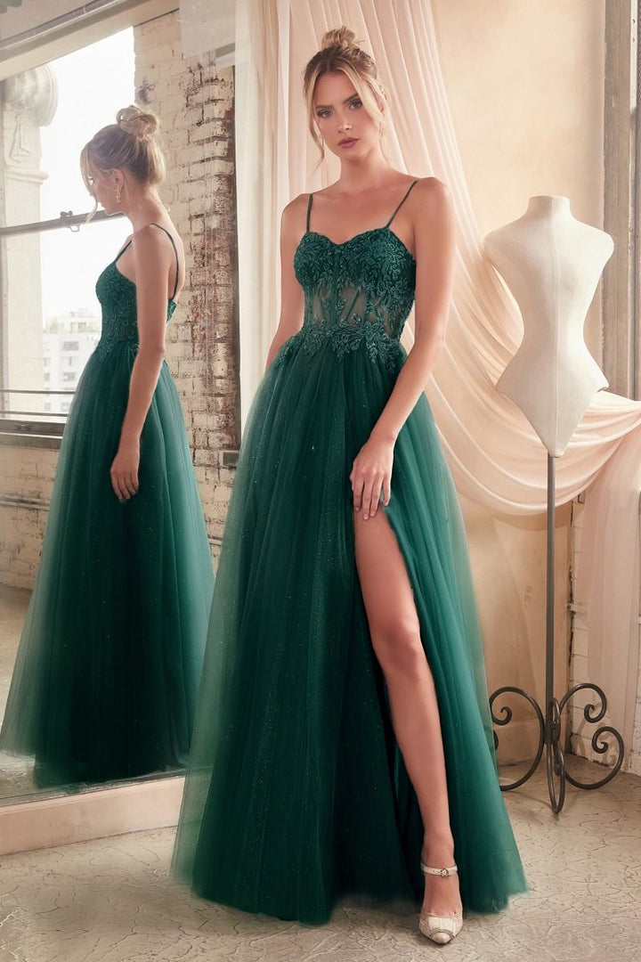 Lace & Layered Tulle A-Line Side Slit Open Back Sweetheart Long Prom Dress CDC150-5