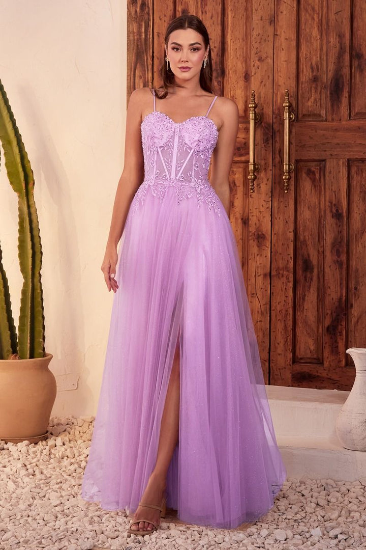 Lace & Layered Tulle A-Line Side Slit Open Back Sweetheart Long Prom Dress CDC150-1