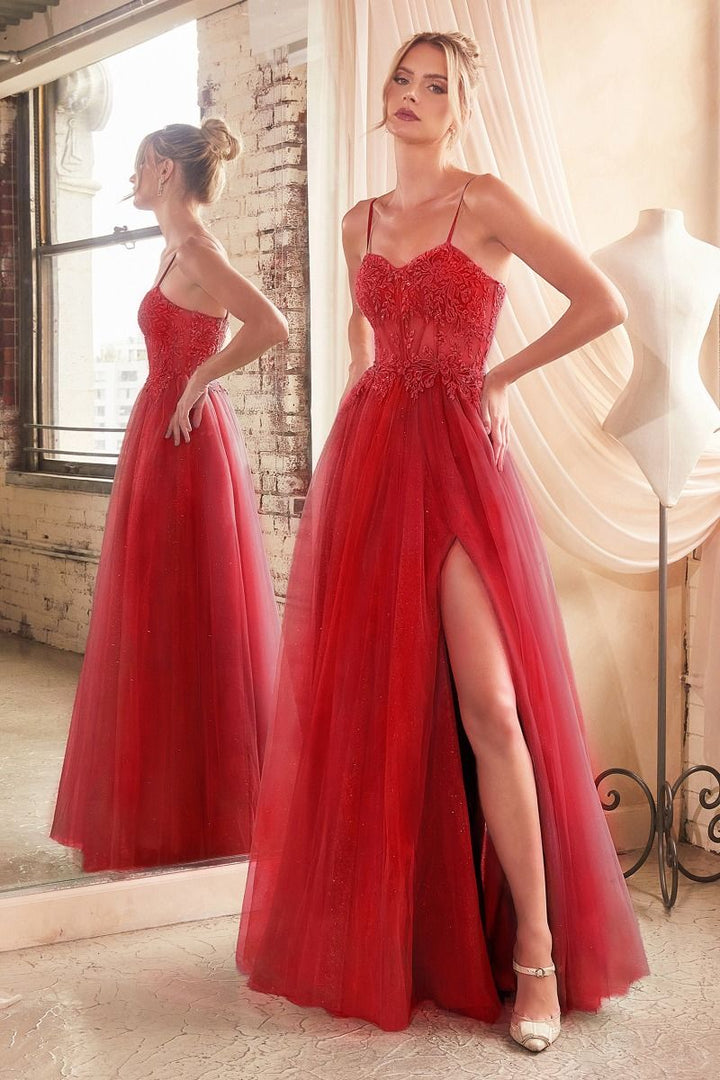 Lace & Layered Tulle A-Line Side Slit Open Back Sweetheart Long Prom Dress CDC150-6