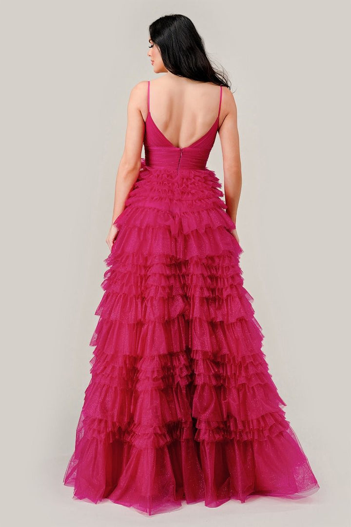 Ruffled Layered Tulle V-Back V-Neck A-Line Long Ball Dress CDC156-3