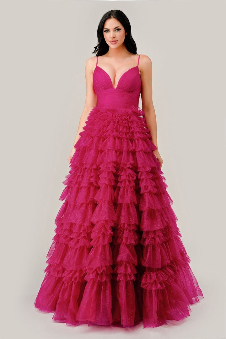 Ruffled Layered Tulle V-Back V-Neck A-Line Long Ball Dress CDC156-2