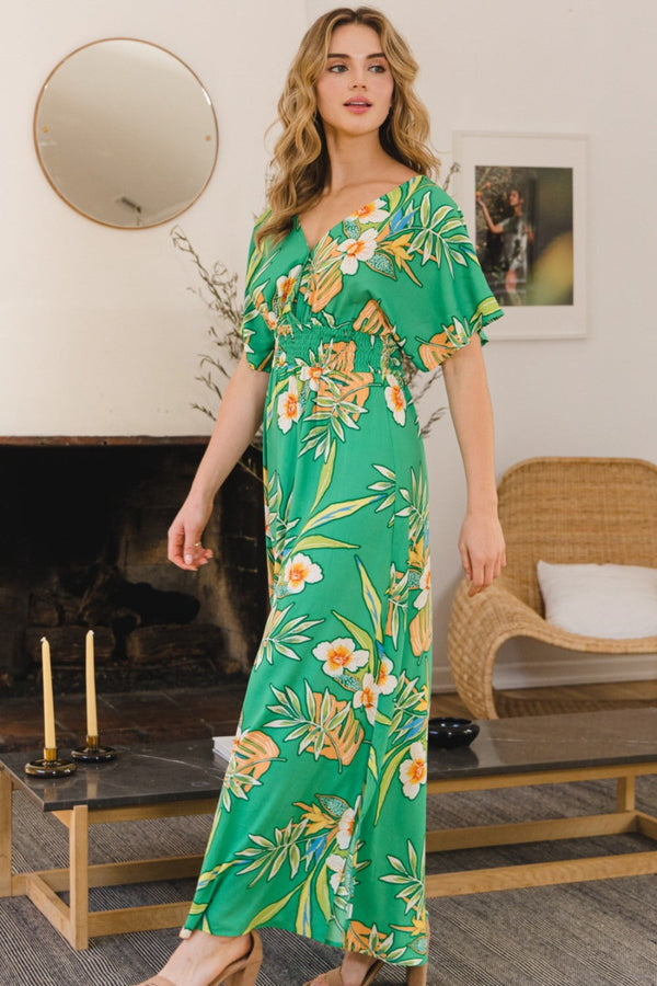 ODDI Full Size Floral Smocked Tied Back Maxi Dress-0