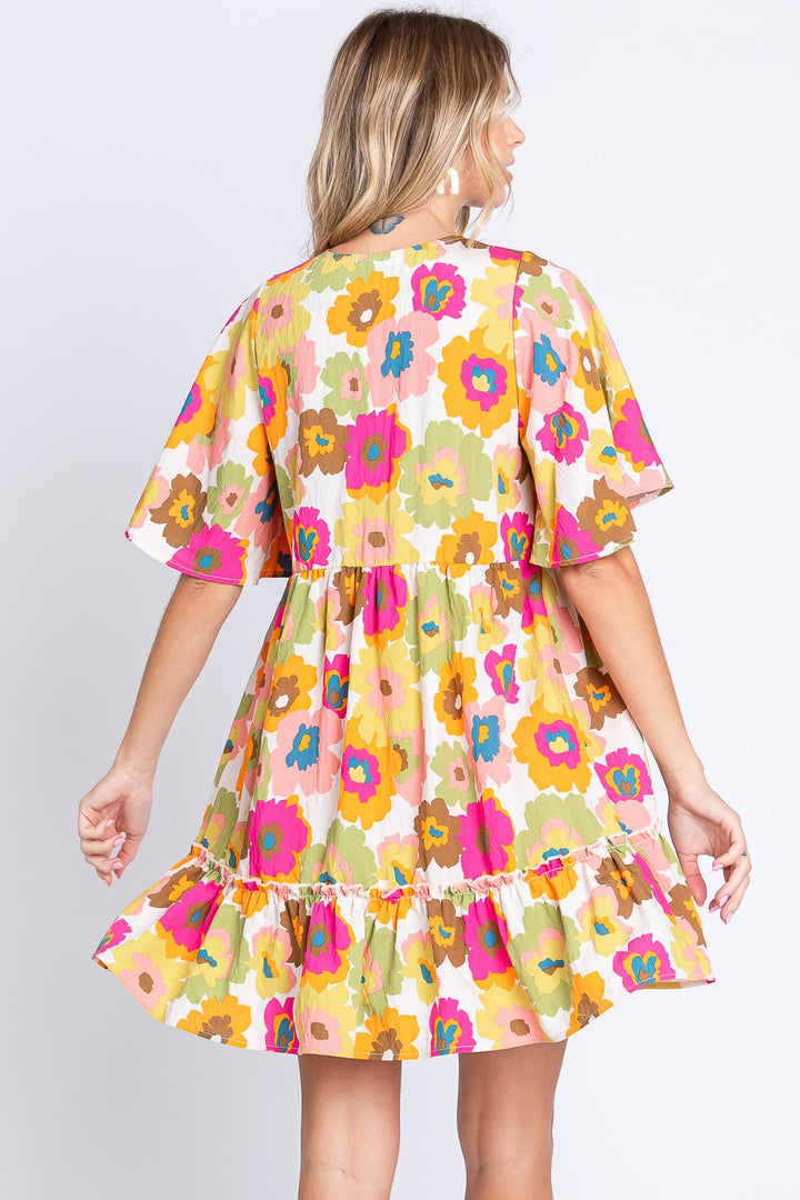 GeeGee Floral V-Neck Ruffle Hem Mini Dress-1