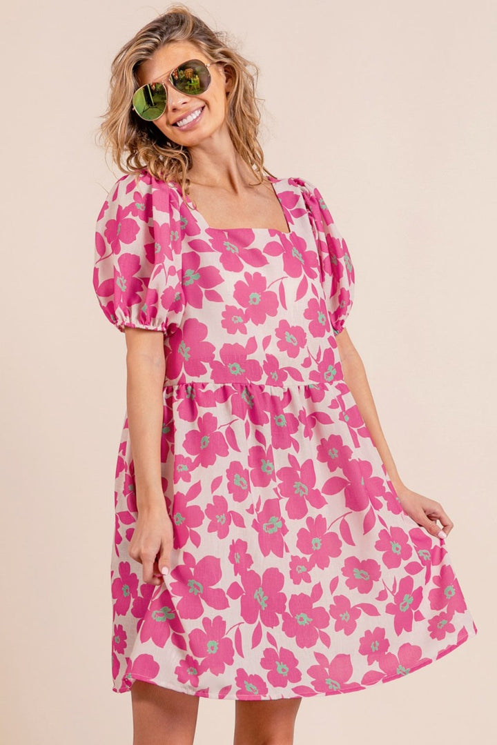 BiBi Printed Square Neck Puff Sleeve Mini Dress-2