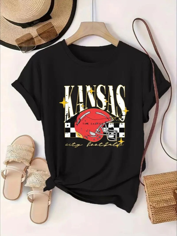 KC, Football Graphic Print T-Shirt - Crew Neck, A Comfortable Women's Short-sleeved Crew Neck T-shirt For Everyday Wear And Stylish Layering