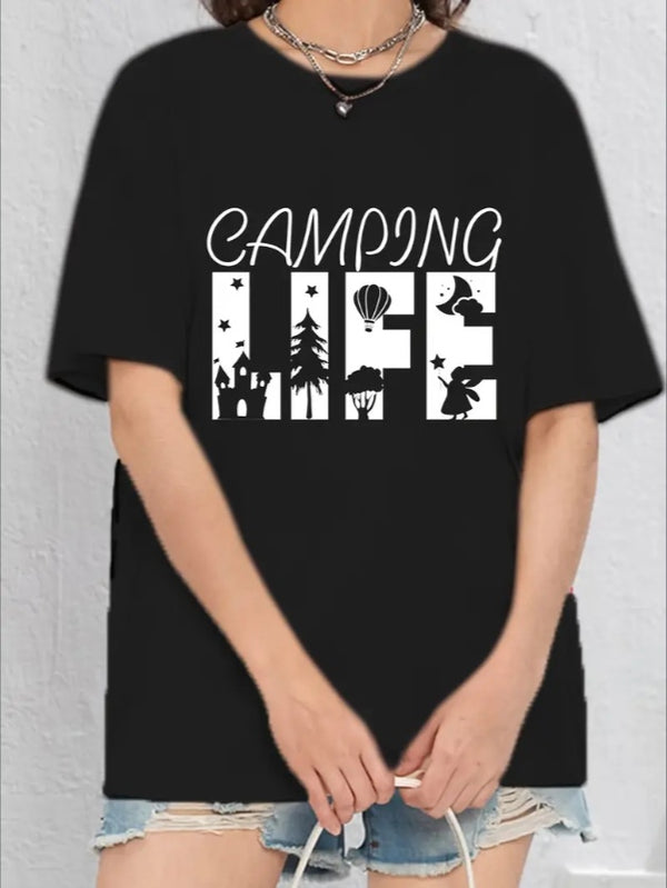 CAMPING LIFE Graphic Print Tee, Teenage Girls' Stylish & Comfy Crew Neck Short Sleeve T-shirt For Spring & Summer, Teenage Girls' Clothes For Everyday Life