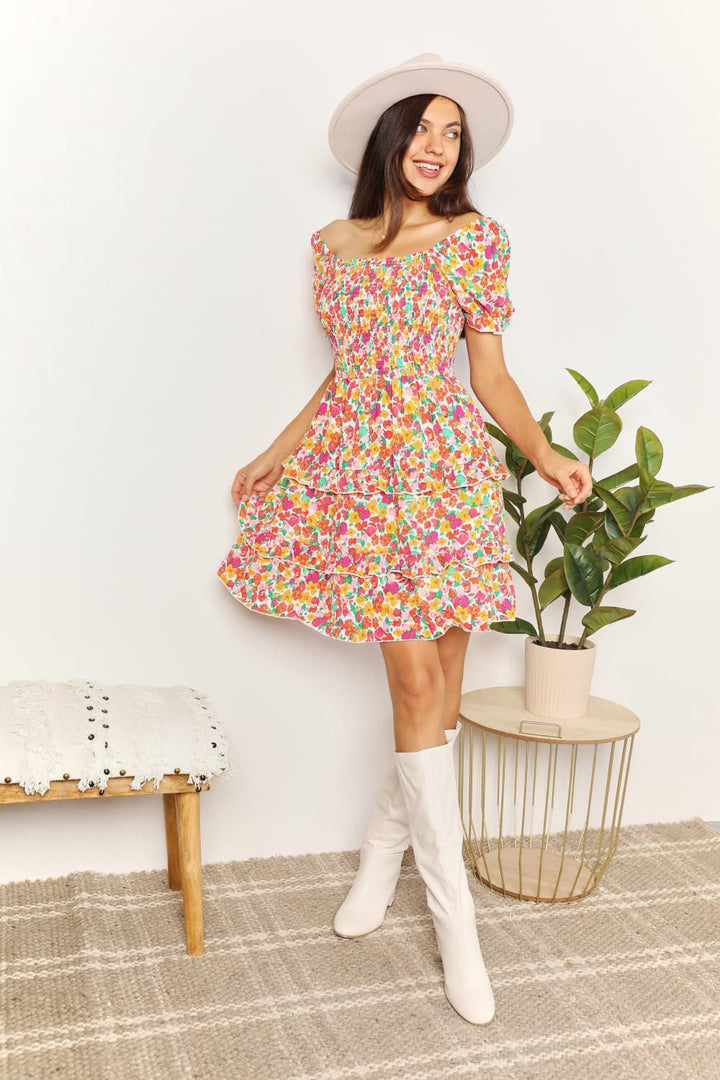 Double Take Smocked Sweetheart Neck Flounce Sleeve Mini Dress-4