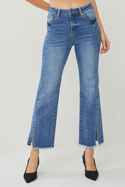 RISEN High Waist Raw Hem Slit Straight Jeans-0