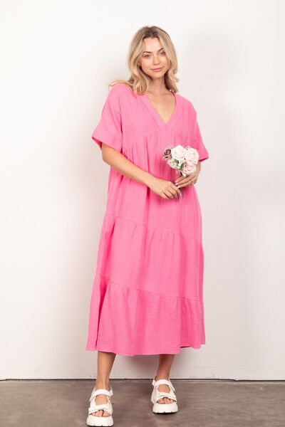 VERY J Soft Crinkle Gauze Short Sleeve Midi Dress-0